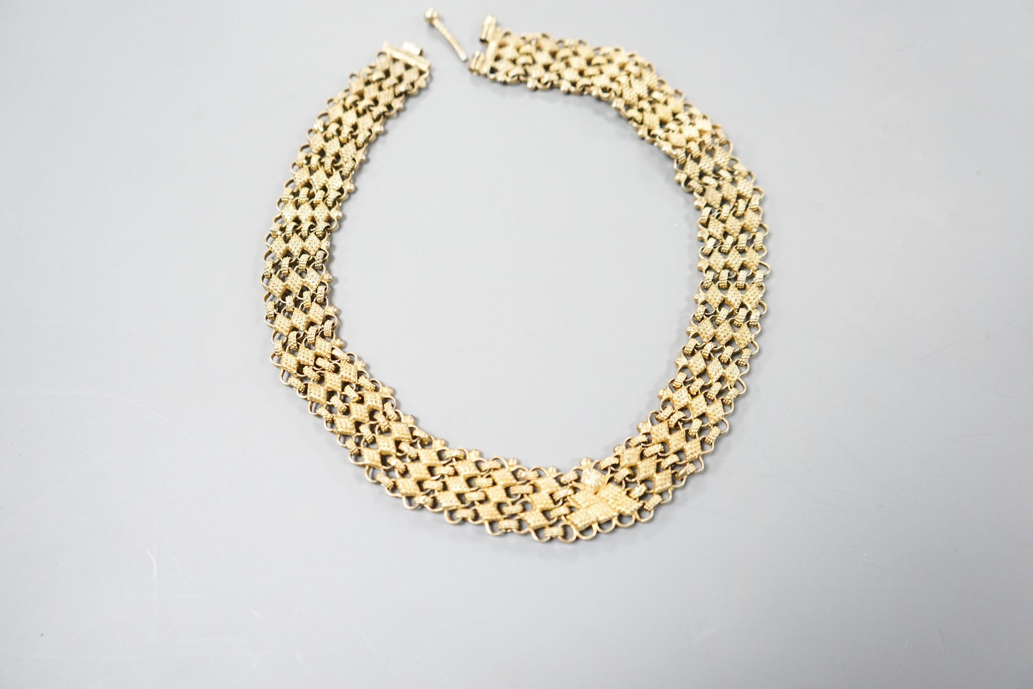 A continental gilt white metal fancy link necklace, approx. 38cm, gross weight 93 grams.